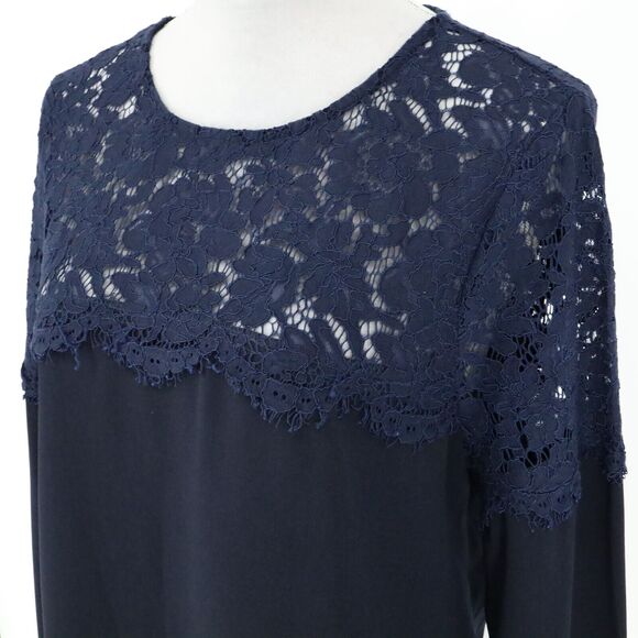 Lulus Top Womens Medium Navy Blue Lace Yoke Crepe Blouse Pullover Romantic - Picture 8 of 15